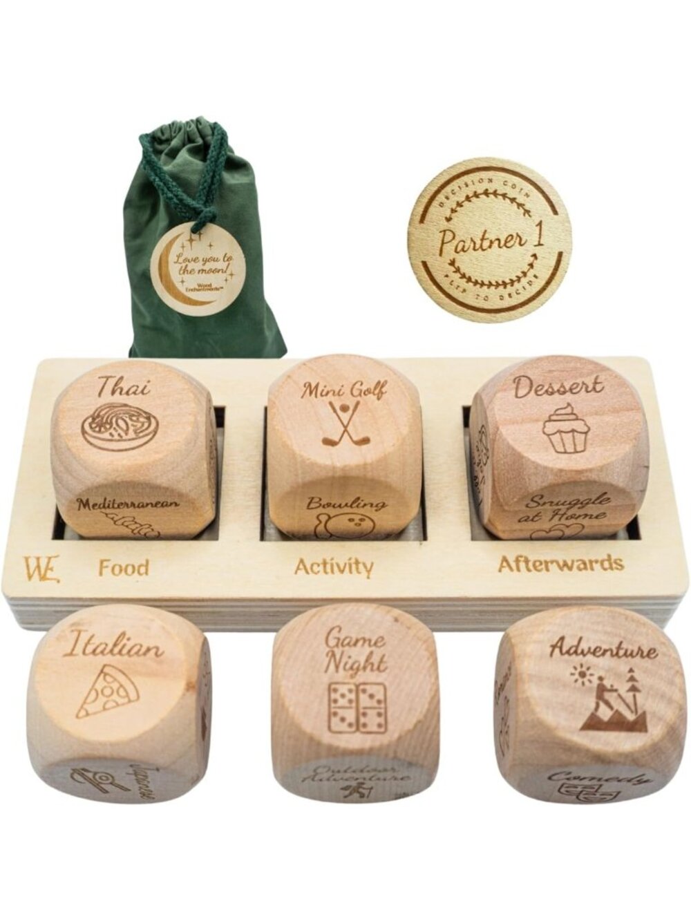 Deluxe Date Night Dice Game Set - 6 Dice, Decision Coin & Carry Bag - Perfect